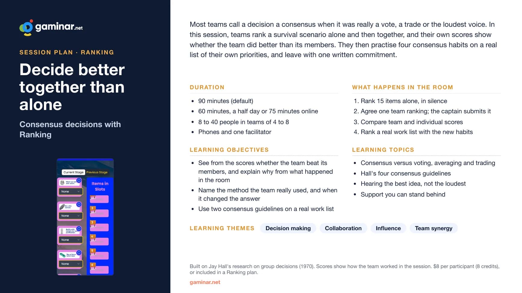The one-page summary of Decide better together than alone: duration, objectives, what happens in the room and the learning topics