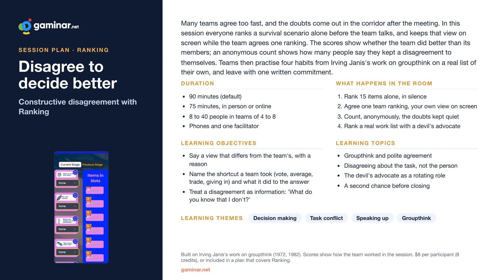 The one-page summary of Disagree to decide better: duration, objectives, what happens in the room and the learning topics